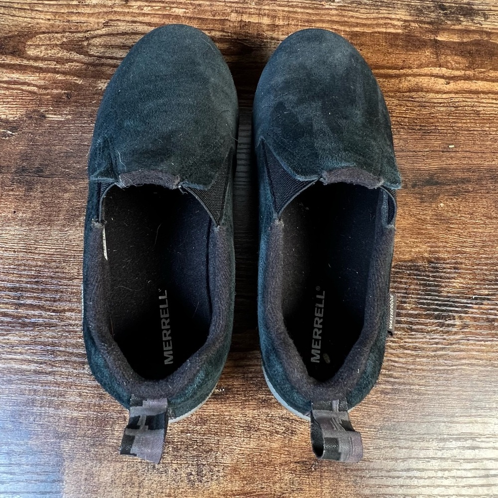 Merrell Suede Leather Clog Slip On Shoes Black Camo Tag Walking Trail Size 4 - Picture 6 of 11